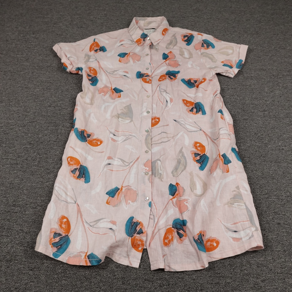 Rachel Zoe Dress Womens Medium Pink Linen Floral Short Sleeve Shirt Pockets